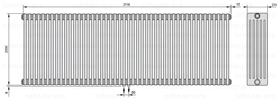 Схема (чертеж) Радиатор Zehnder Charleston 6200/46 №3470 Белый глянцевый RAL 9016